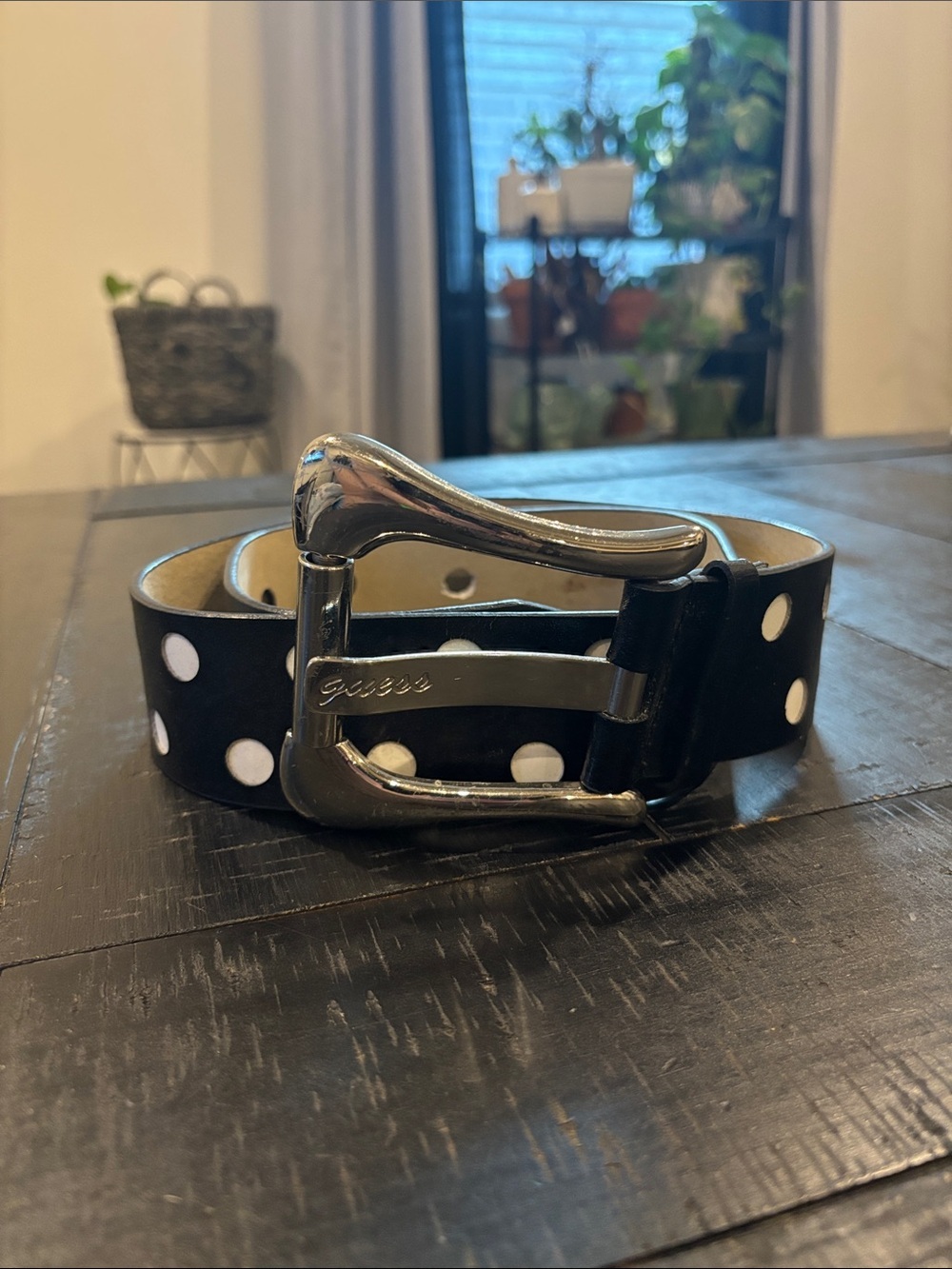 Vintage Guess Polka Dot Leather Belt - Black/White Large Pinup